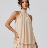 Robe Mini Col Montant Halter Dos Nu Volants Étagés